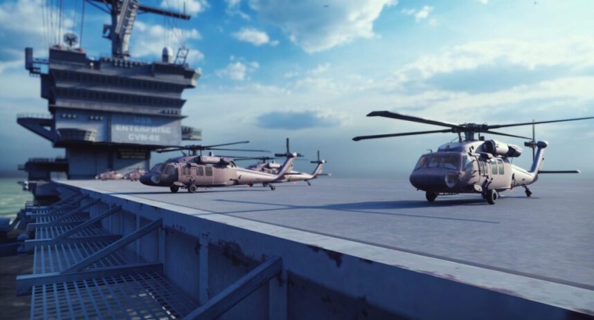 Military helicopters Blackhawk take off from an aircraft carrier at clear day in the endless blue sea. 3D Rendering